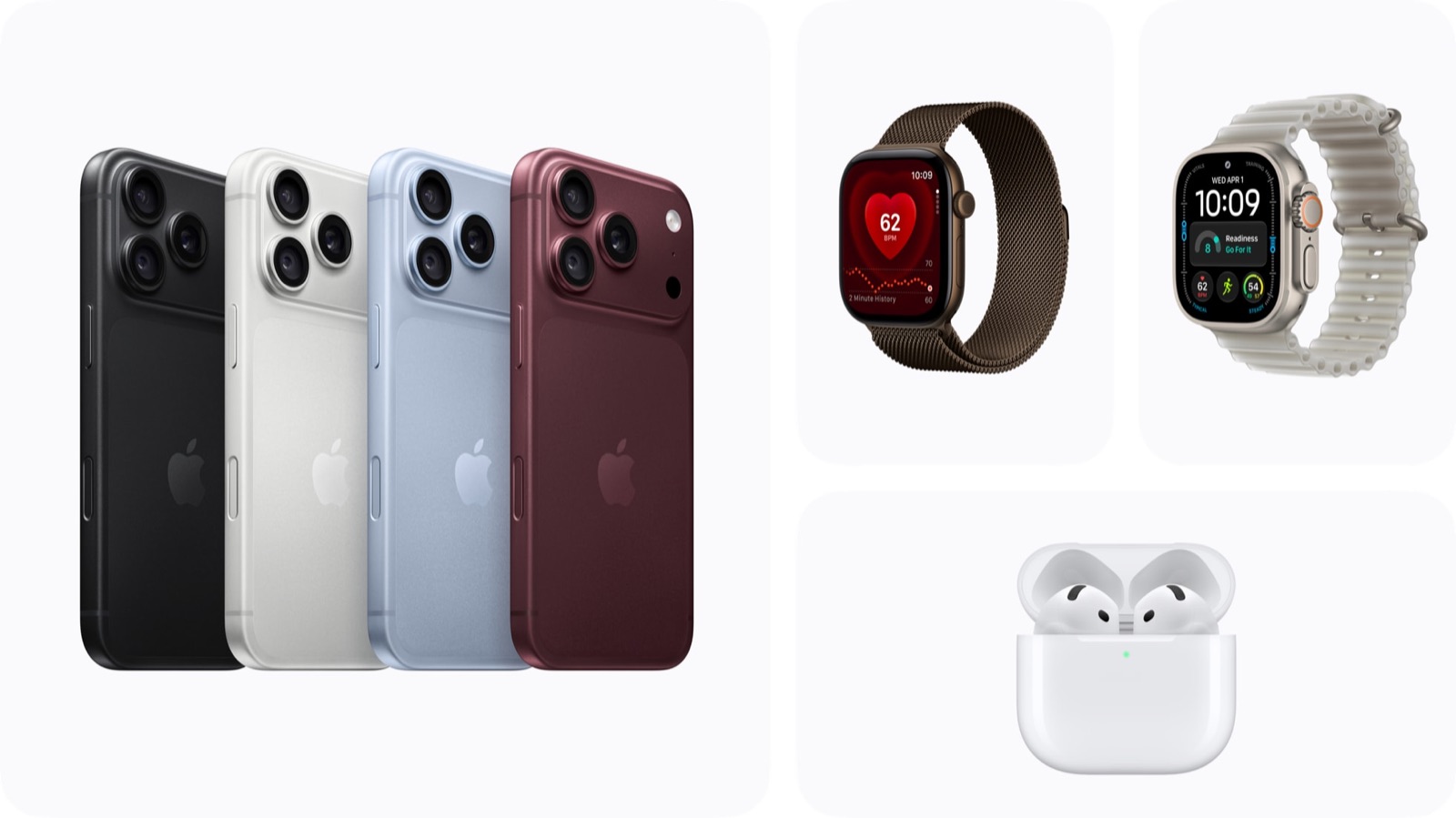Product image of the four iPhone 18 Pro finishes beside an Apple Watch Series 12 with a bronze Milanese loop, an Apple Watch Ultra 4 with a white Ocean Band, and AirPods 5 in an open charging case.
