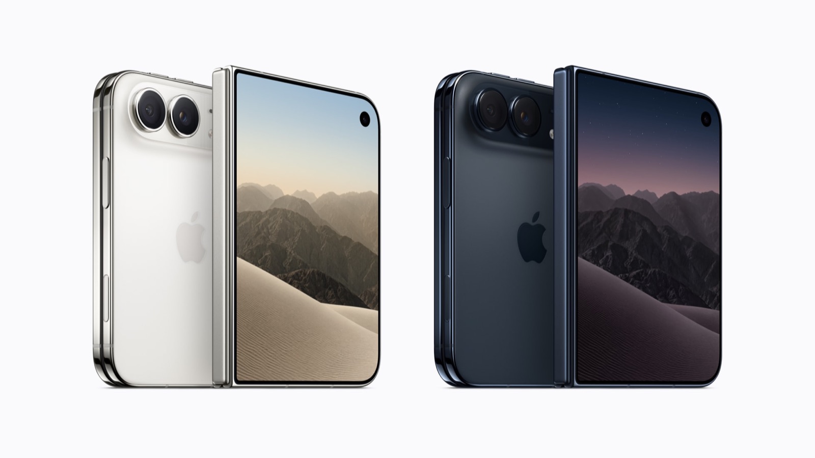 Two iPhone Duo handsets shown half-open on a white background, one in star white and one in night sky, each with a dual camera and a large inner display showing a desert and mountain wallpaper.